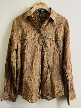Lauren Ralph Lauren Paisley Button Down Shirt Size M Cotton Boho Blouse Brown